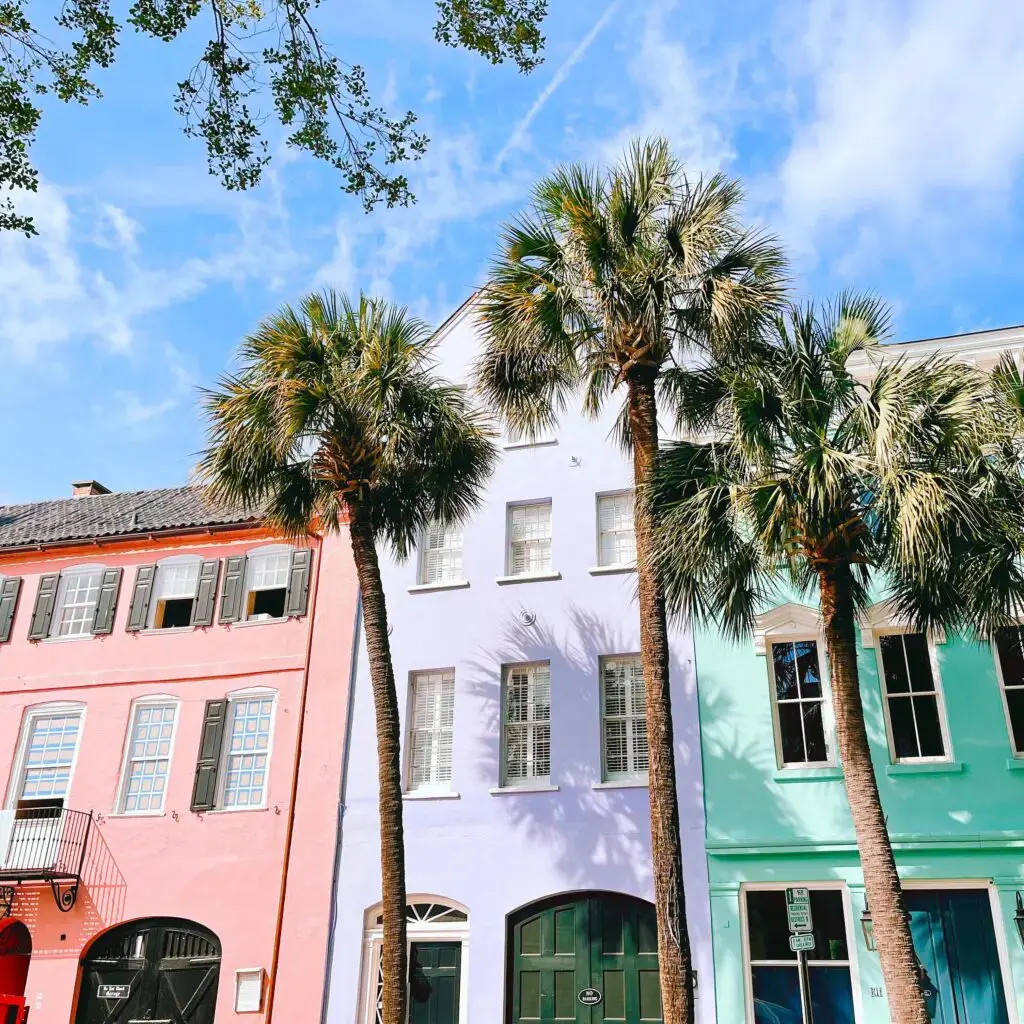 Colorful historic row houses along a street in Charleston South Carolina