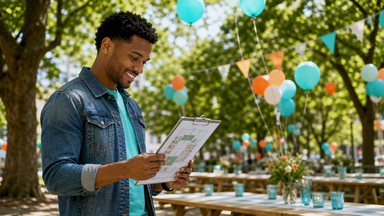 Event planner reviewing guest experience details in venue lobby