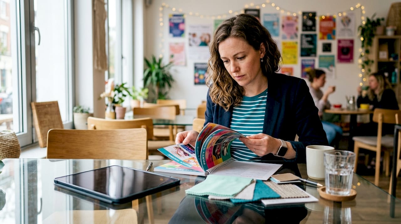 Event planner reviewing party theme catalog