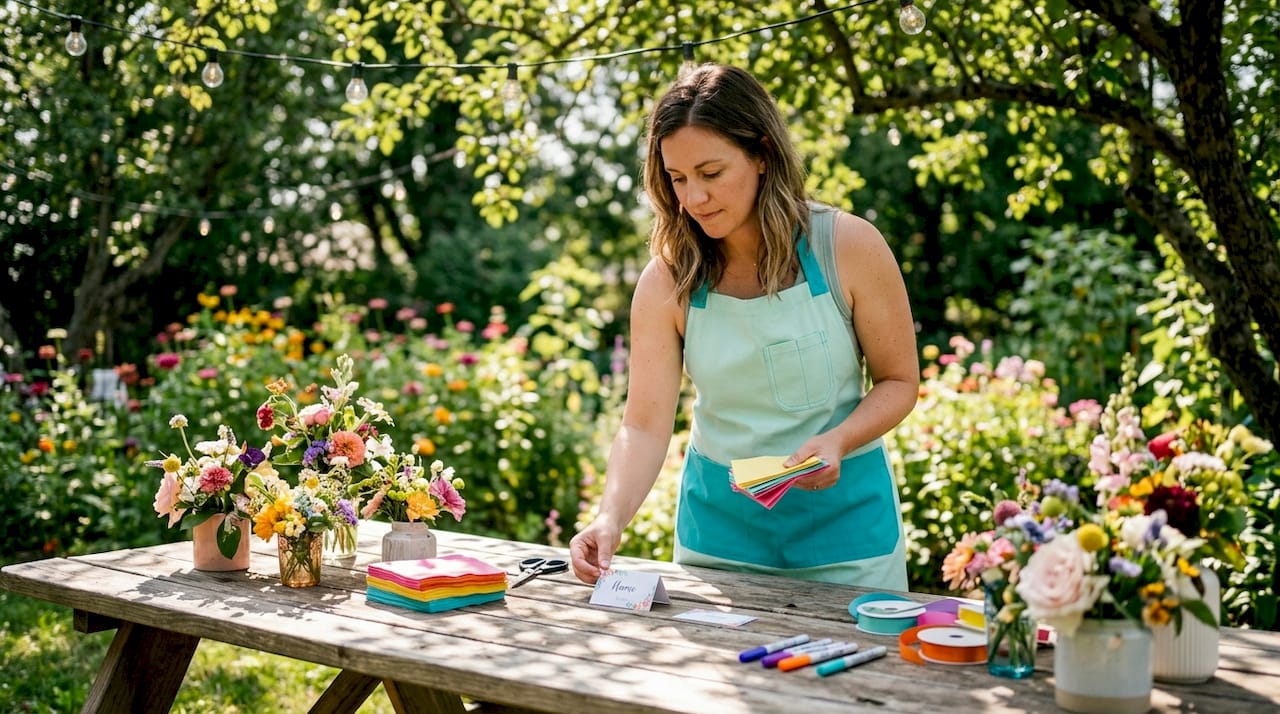 Event planner arranging personalized party decor