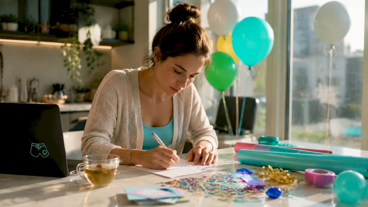 Woman planning custom birthday party at home desk