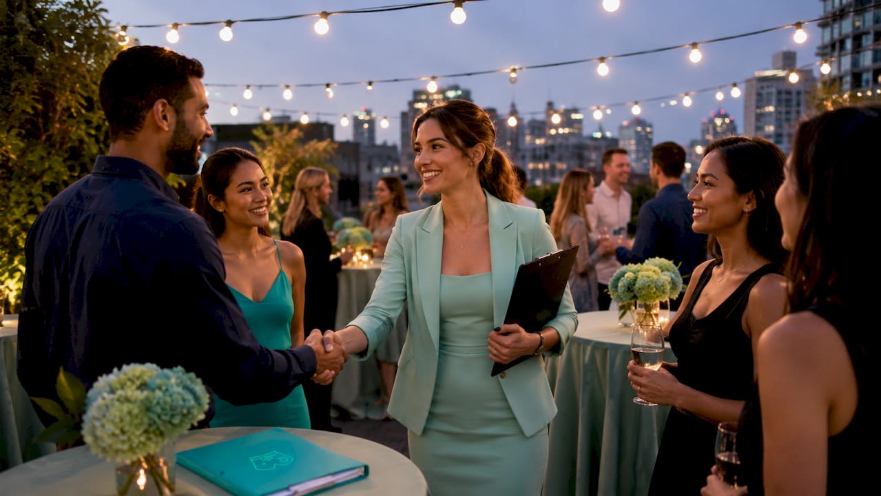 Professional host warmly engaging with event guests
