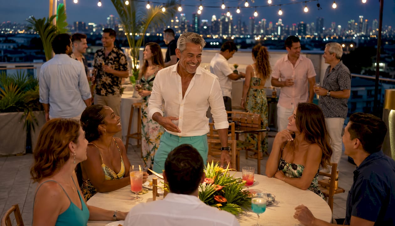 Host managing group dynamics at rooftop party