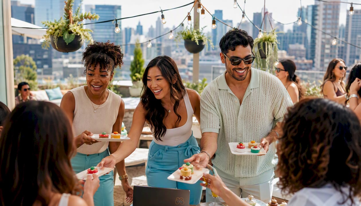 Diverse party hosts engaging guests poolside