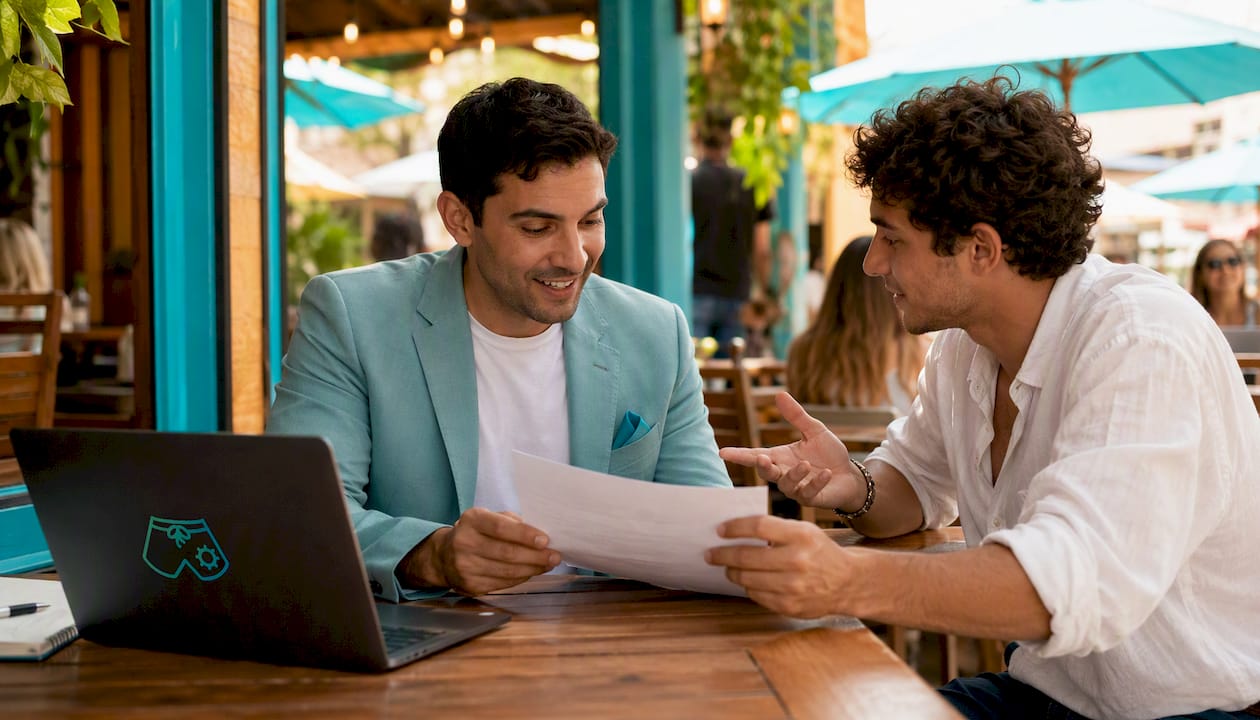 Two men discussing pricing at hotel lounge bar