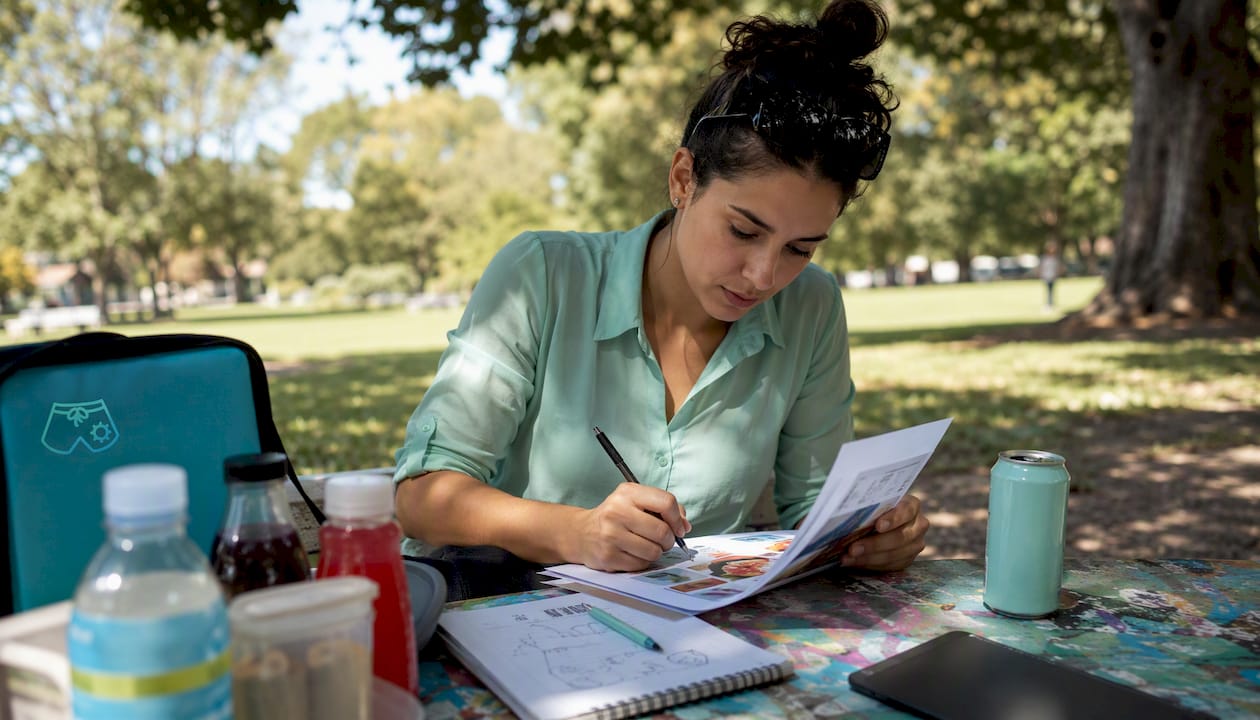 Event planner reviewing refreshment package documents