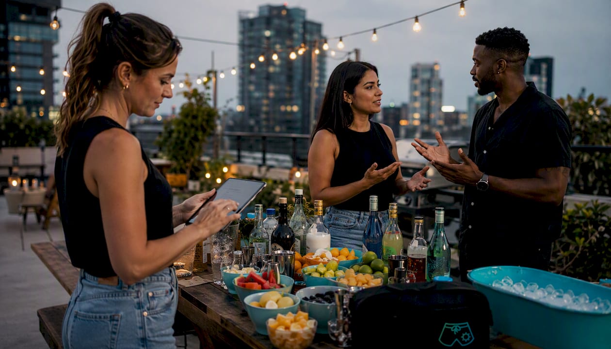 Group preparing party drink shopping list outdoors