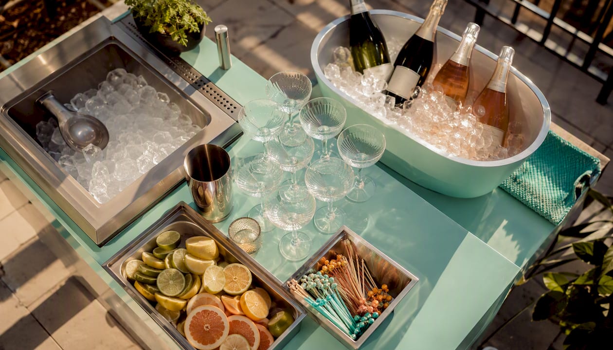 Ice bin and beverage tub on party bar