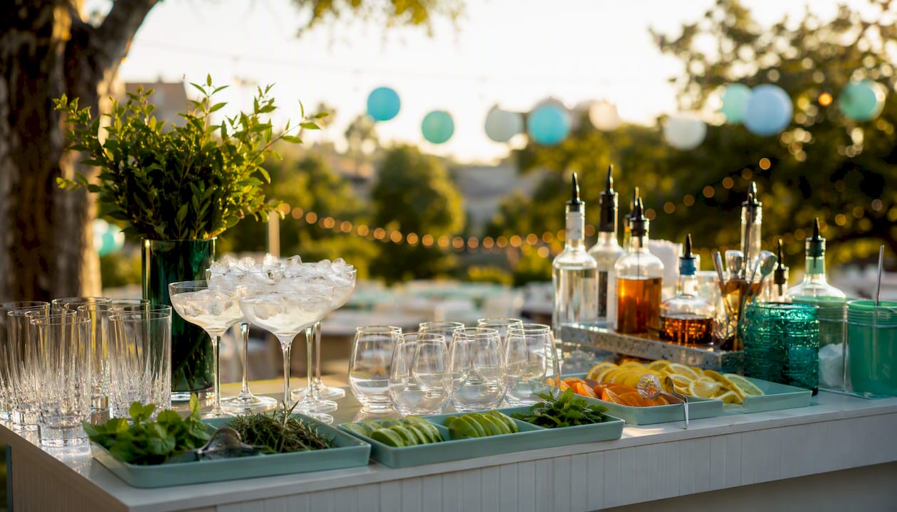 Premium glassware and garnish trays on bar