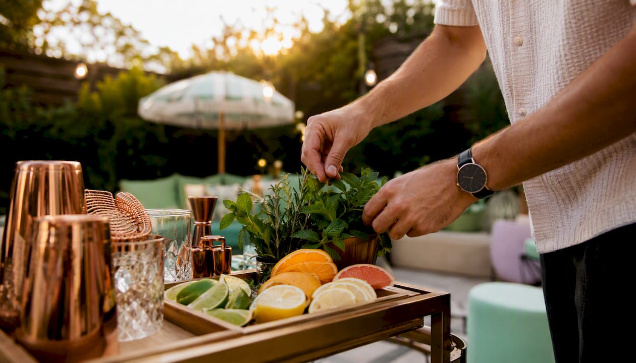 Party host arranging garnishes on a cocktail tray