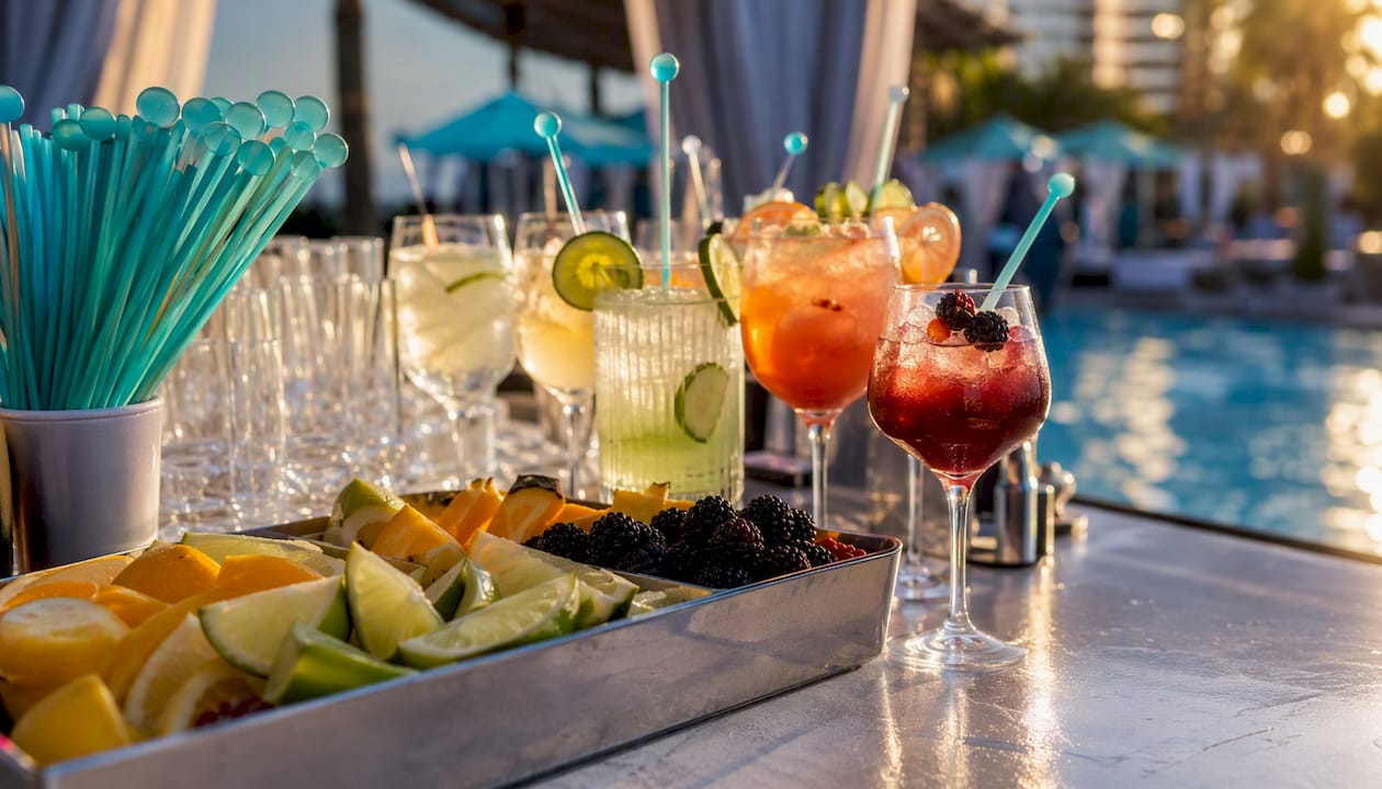 Pool cabana cocktail bar setup close-up